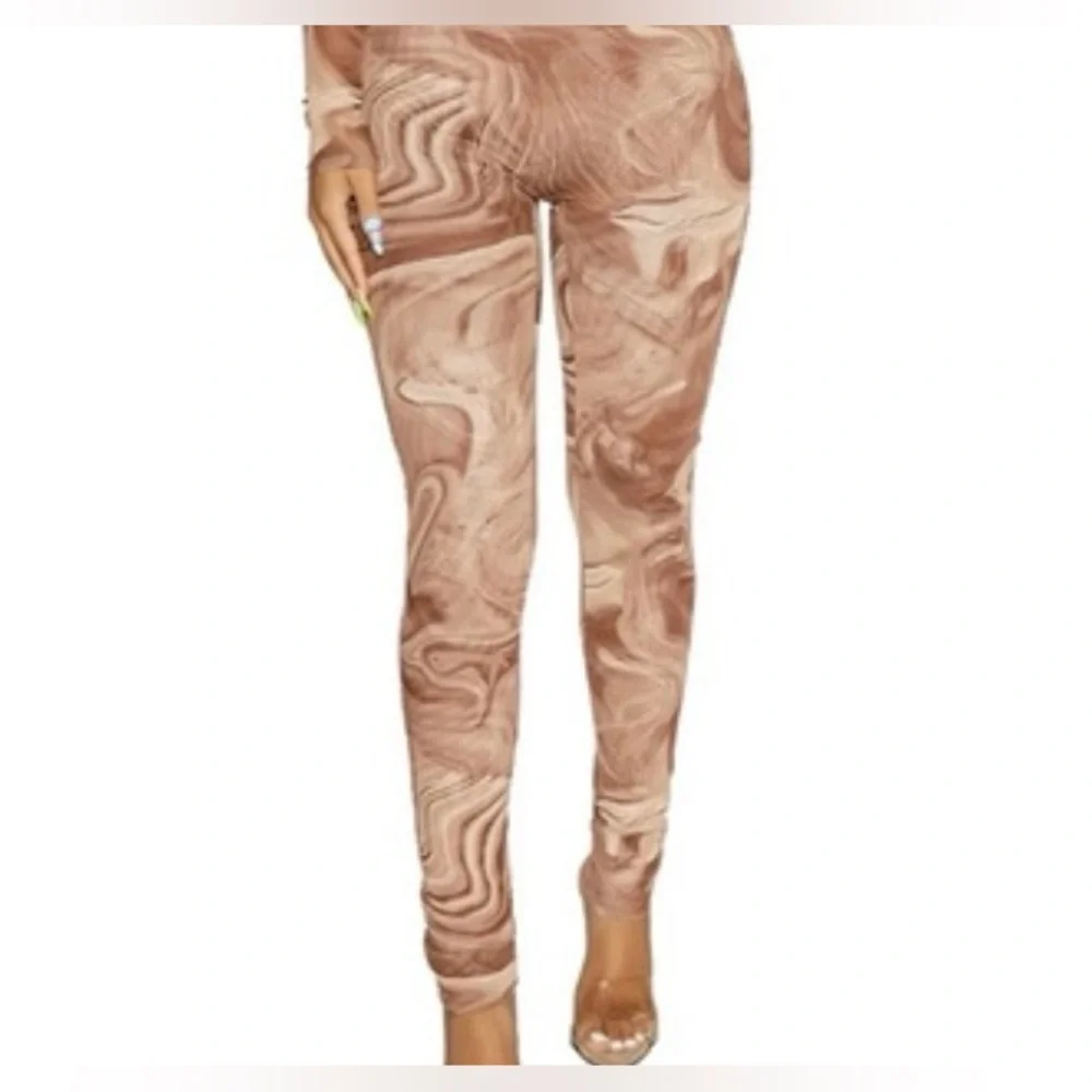 Naked Wardrobe Women’s Mesh Brown Leggings with Artistic Swirl Design-Sz Large - Picture 10 of 10